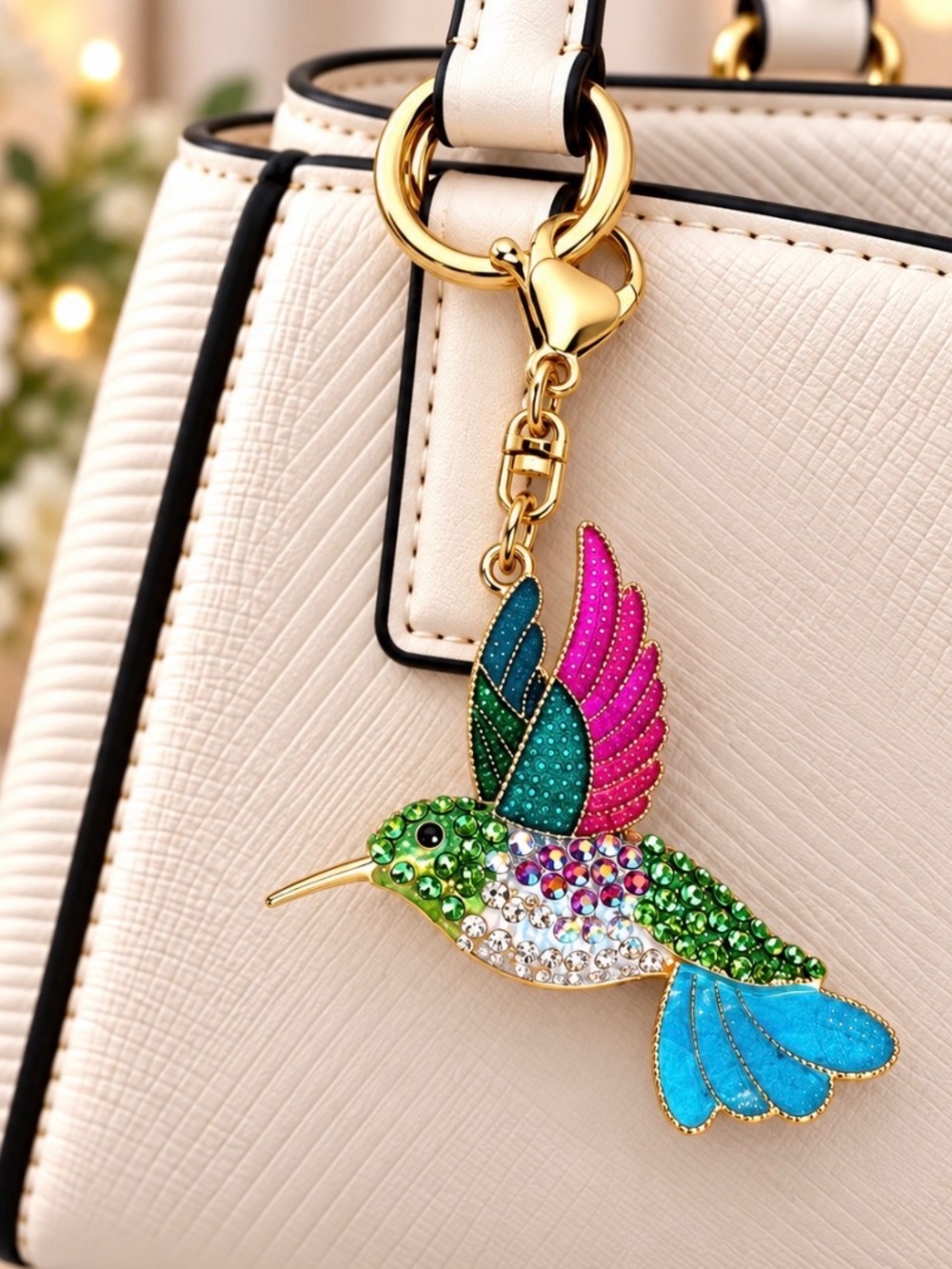 Multicolor Rhinestoned Hummingbird Bag Charm/Keyring - Gold Hardware - Picture 6 of 6